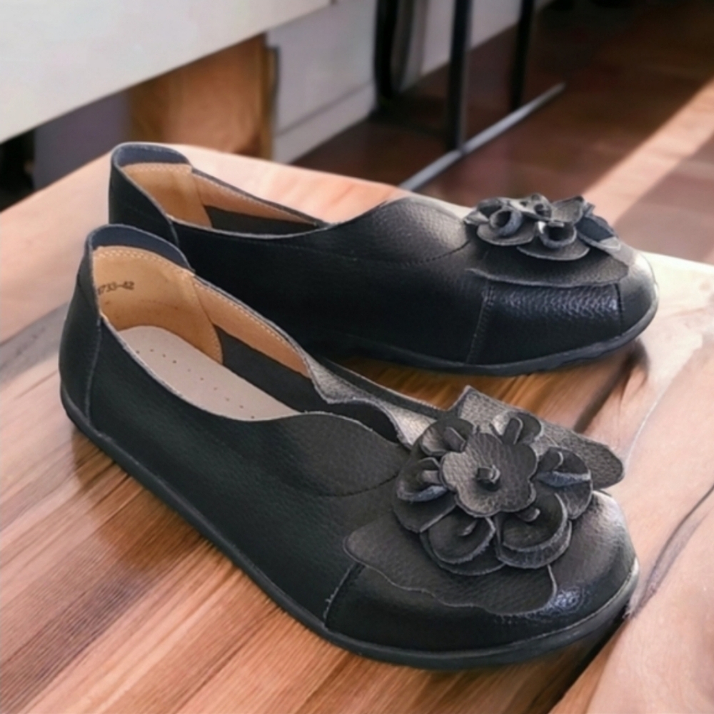 EURO HAND STITCHED Black Leather Flats 9.5 10 Floral Bubble Loafers Lagenlook - Picture 15 of 16